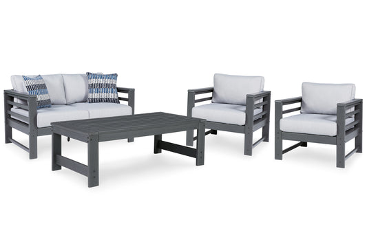 Ashley Express - Amora Outdoor Loveseat and 2 Chairs with Coffee Table